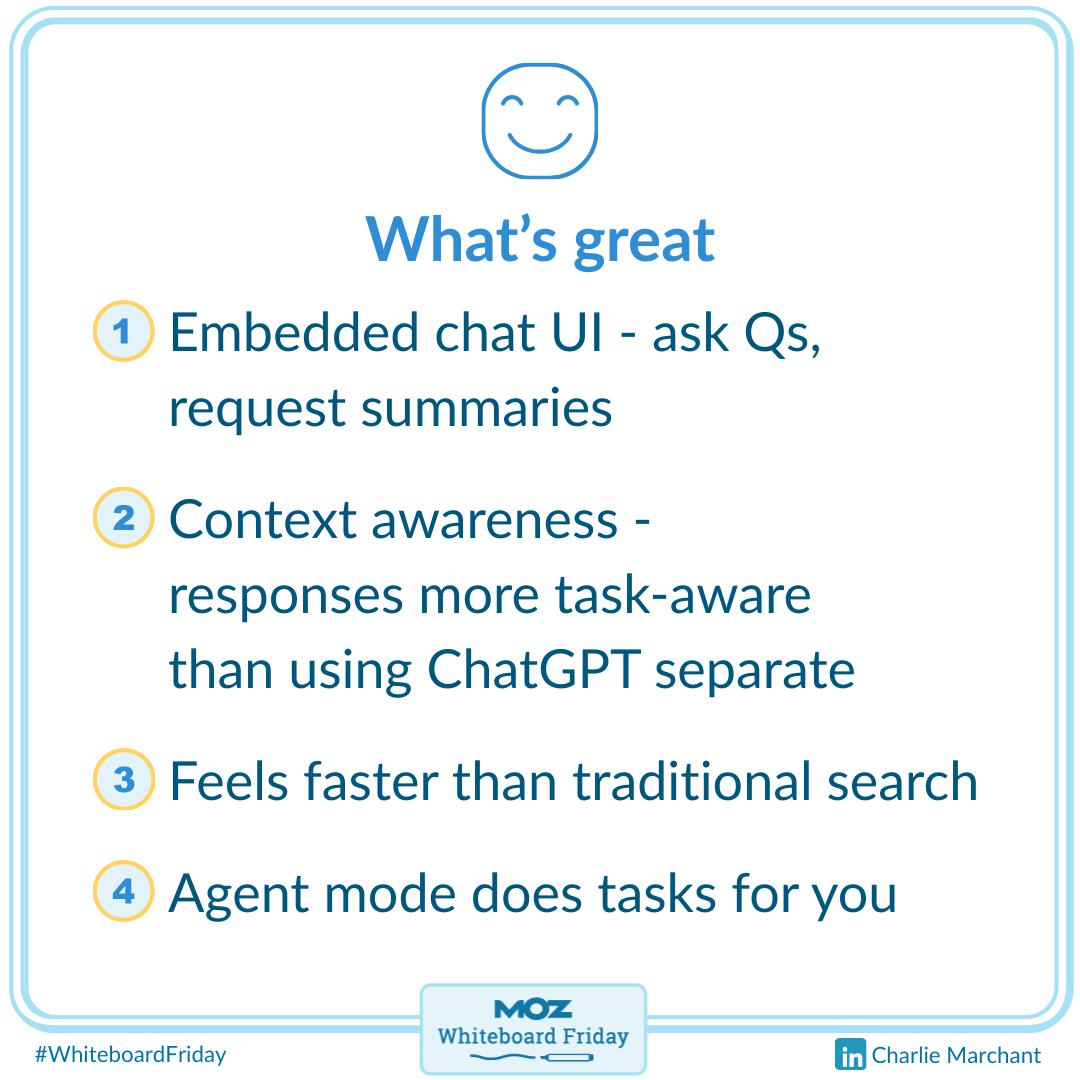 Zoomed in section of the whiteboard with 4 things that are great about ChatGPT Atlas.