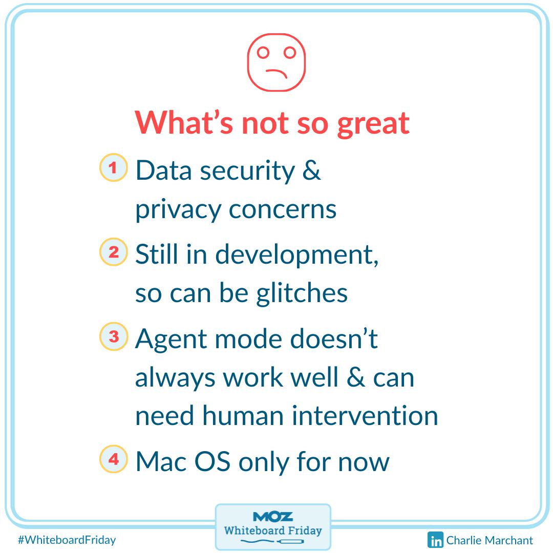 Zoomed in section of the whiteboard with 4 things that are not so great about ChatGPT Atlas.