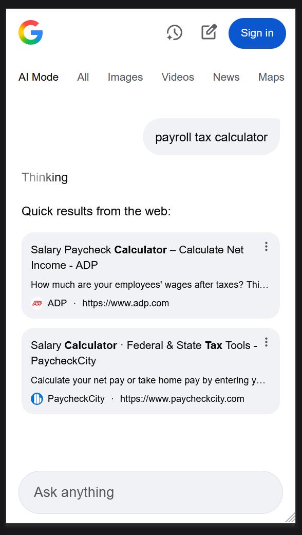 Screenshot of an AI Mode card feature.