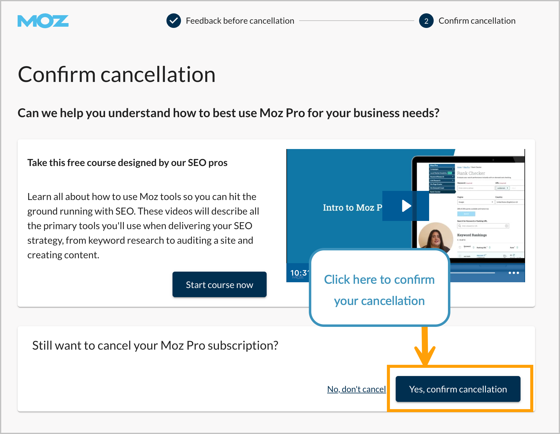 Screenshot of the page where you need to confirm your cancellation.