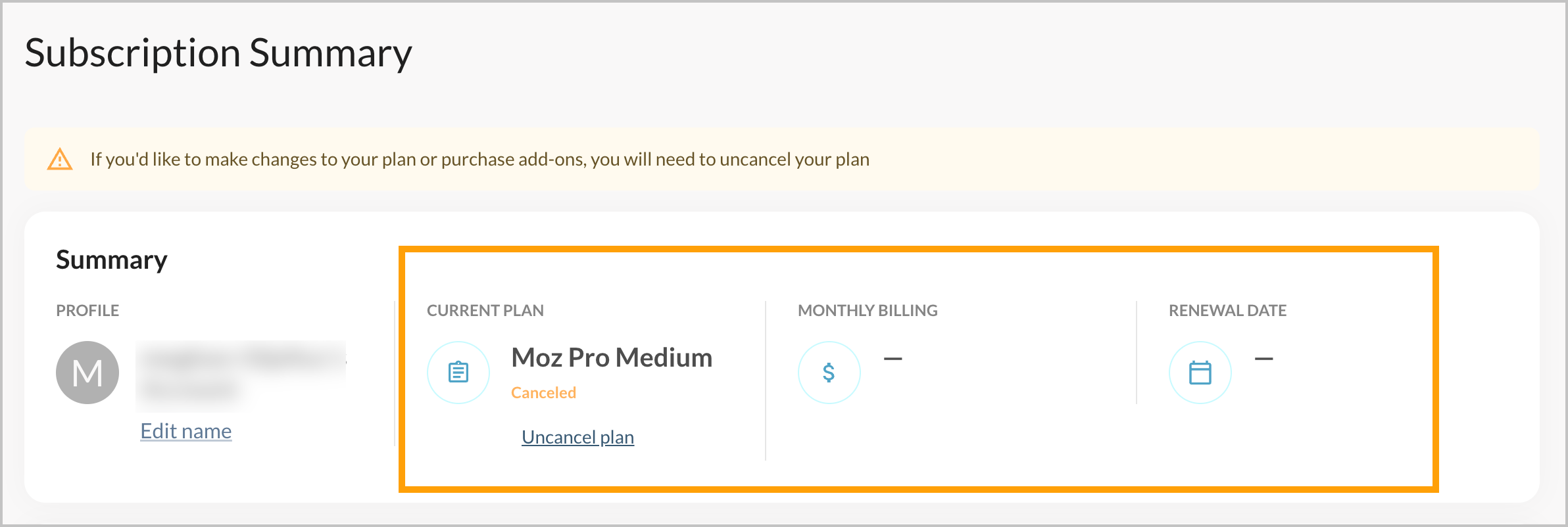 Screenshot of the subscription summary with the canceled subscription.