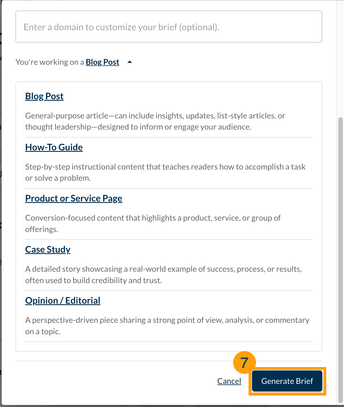 Screenshot of the AI Content Brief popup window.