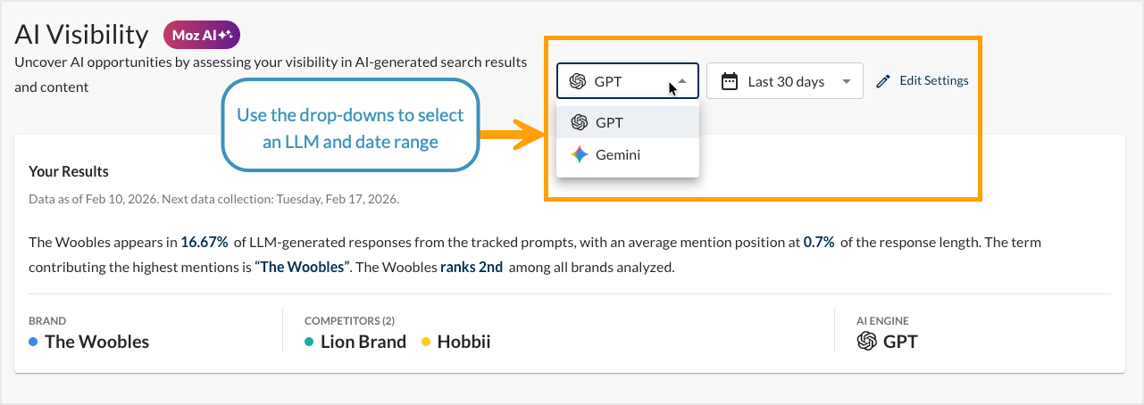 Screenshot showing where to select your LLM and date range.
