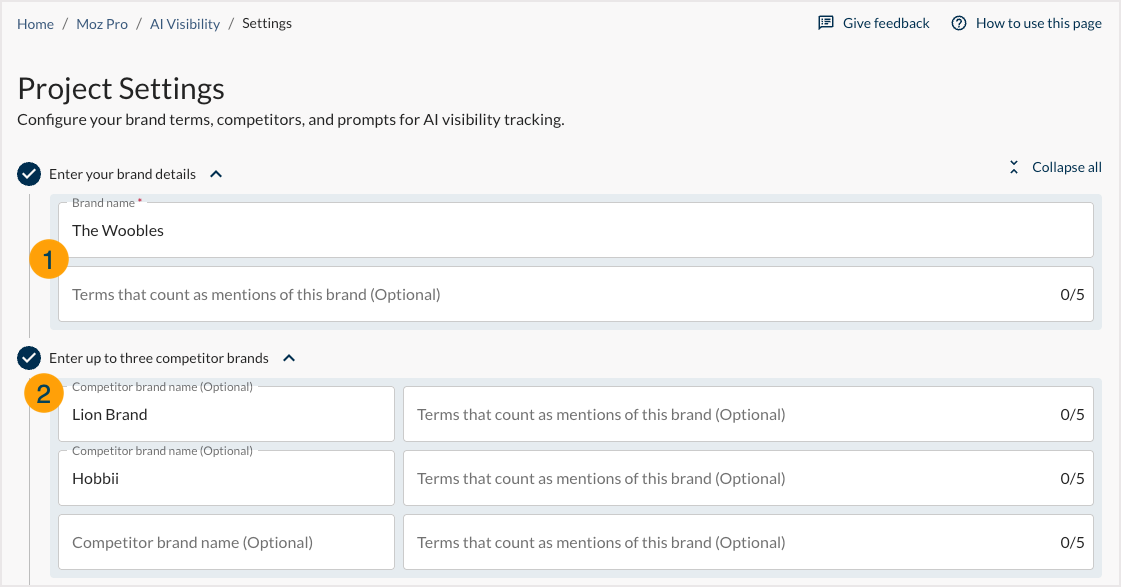 Screenshot showing the first 2 steps needed for setting up your AI visibility dashboard as outlined here.
