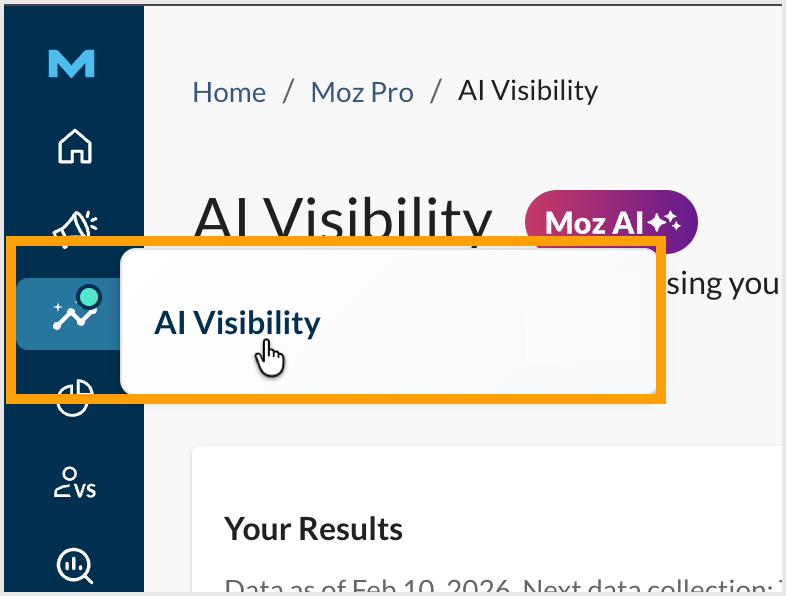 Screenshot showing where in the left-hand navigation menu you can access AI Visibility.