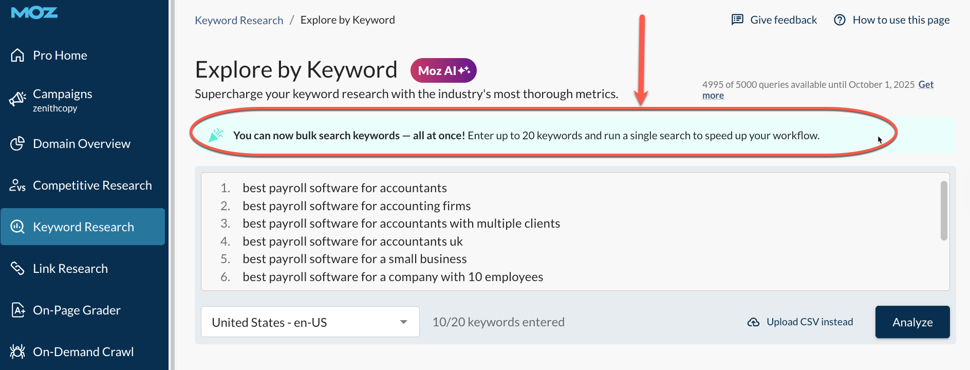 bulk analyze feature in Moz Keyword Explorer